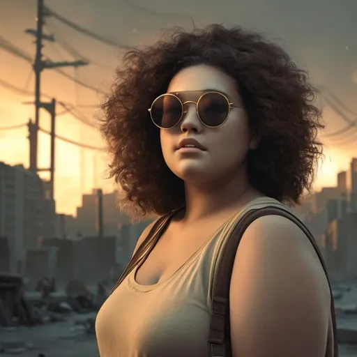Prompt: plus-size girl with curly hair and round shades in a dystopian future