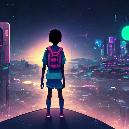 Prompt: modern African kid looking at the night sky in the middle of a futuristic town with a backpack, cyberpunk