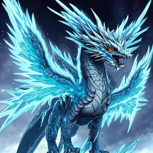 Prompt: "Design a Yu-Gi-Oh! card named 'Frostwing Wyvern.' This card is an Ice Attribute Dragon-type monster with a focus on icy powers and flight. The Wyvern should have a majestic and fearsome appearance, covered in glistening ice crystals and featuring large, powerful wings. Its attack should be depicted in the artwork, showing it unleashing a freezing breath or ice-based attack on its foes. The background should convey a wintry scene with snow-capped mountains or an icy landscape, enhancing the card's chilling theme. Be creative with the design and color palette, making sure to capture the essence of both the dragon's icy nature and its prowess in battle."