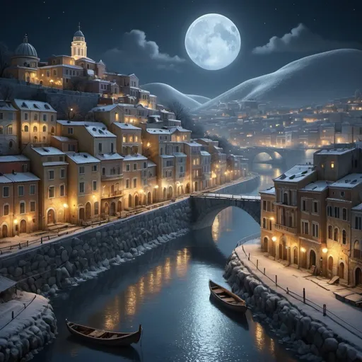 Prompt: Hyper-detailed surrealistic cityscape of an old city on the bank of a big river in snowy winter in amazing moonlight, a city inspired by ancient Athens, low angle, very close-up, naive art style with a touch of fantasy, appear with an original and unique style, inspired by the great artists of the past combined with contemporary art,
intricate details, high quality textures, octane rendering,
the highest quality, sharp focus, fine details, the feeling of a highly detailed professional image, volumetric dramatic light, background and local lighting, reflections on surfaces