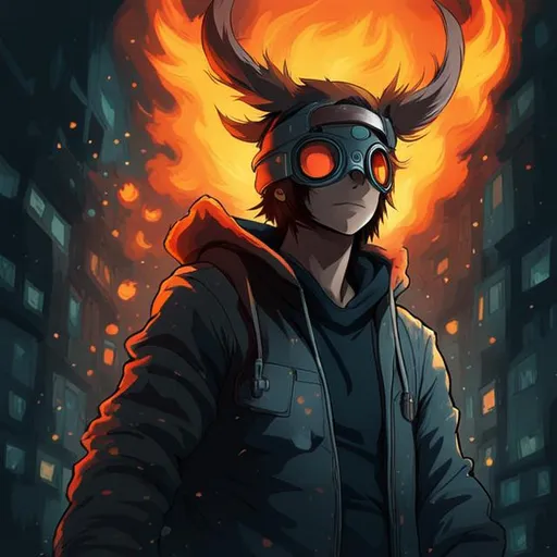 Prompt: PYRO MASK, anime boy with brown, fluffy, wavy hair & brown eyes wearing a cute and cuddly bear style cozy hoodie with bear ears on top (((ON FIRE))), fire engulfs the background, smiling, (((zoomed out))), scars, DULL colors with dull background, (((blood splatter on photo)))