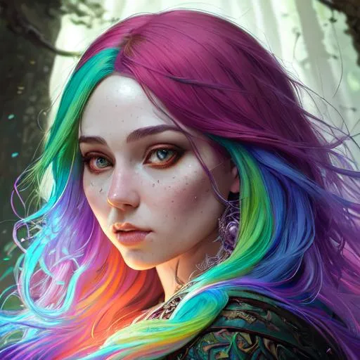 Portrait of {a sorceress} with {rainbow} hair and wi... | OpenArt