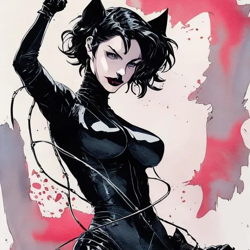 Prompt: Catwoman throwing a punch forward. Hajime Yatate art style. Ink drawing. Elegant. Water colour brush strokes. Gothic themed. Muted colours. 80s manga art. Simple design 