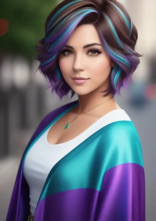 Prompt: 1female character with short brown hair, that has purple shading and turquoise highlights