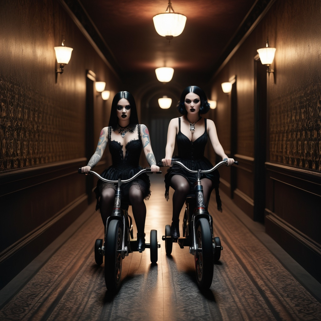 wideangle view HD Photo of 2 beautiful goth women riding tricycles down a creepy dark hallway like 