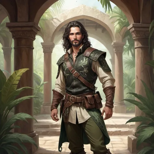 Prompt: Full body, Fantasy illustration of a male ranger, 30 years old, attractive, oliv skin, long black wavy hair, fancy beard, wearing hunting garment, dreamy expression, high quality, rpg-fantasy, detailed, in the armory of a tropical hacienda 