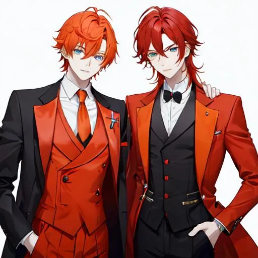 Prompt: Zerif 1male (Red side-swept hair covering his right eye) and Erikku 1male (short orange hair, blue eyes) wearing suits at a wedding