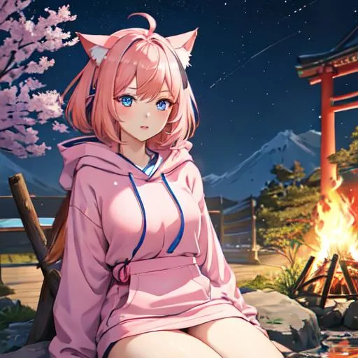 Prompt: Japan as a female human, 8k, UHD,  highly detailed, pink hair, blue eyes, cat ears, wearing a hoodie, night, sitting in front of a bonfire