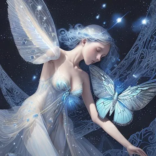Prompt: The cover of "Time's Overture" is a mesmerizing blend of ethereal elements that captures the essence of the story's themes. Against a backdrop of deep, star-studded indigo, a delicate white moth takes center stage. Its wings are adorned with intricate patterns that shimmer as if kissed by moonlight.

Hovering near the moth are two figures, their forms sketched with a sense of softness and connection. The male figure stands tall, his presence protective yet gentle. The female figure leans into him, her expression a mixture of longing and devotion. Their silhouettes seem to meld seamlessly, representing a love that transcends time and space.

Around them, the cosmic expanse unfolds, with galaxies and constellations swirling in a dance of celestial beauty. The backdrop suggests the boundless nature of the universe and the infinite possibilities that love can traverse.

The cover's color palette is a harmonious symphony of deep blues, soft grays, and ethereal whites, creating an atmosphere that's both otherworldly and intimately human. The artistic strokes capture the essence of a love story that spans dimensions, inviting readers to delve into a tale of passion and perseverance against the backdrop of cosmic wonders.