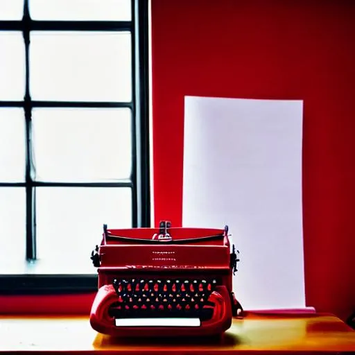 Prompt: a red glossy urn sits in a red room next to a red typewriter with a crisp  white sheet of paper inside, saturated colors, photograph