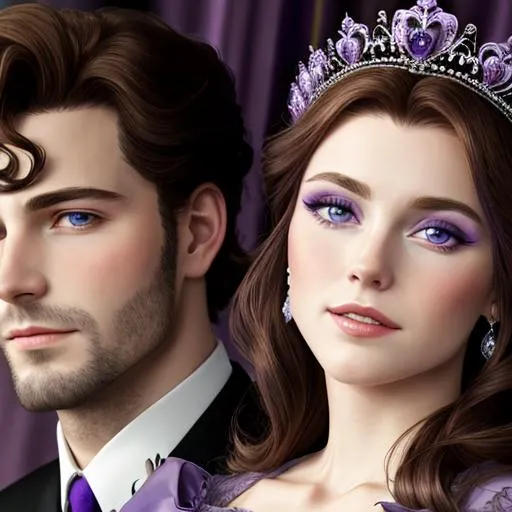 Prompt: European prince and princess wearing purple, facial closeup