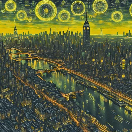 Prompt: futuristic cityscape, mega city, London and New York, Big Ben, Tower Bridge, Thames River, ultrahigh detail, trending on artstation, black and yellow detail, van gogh style
