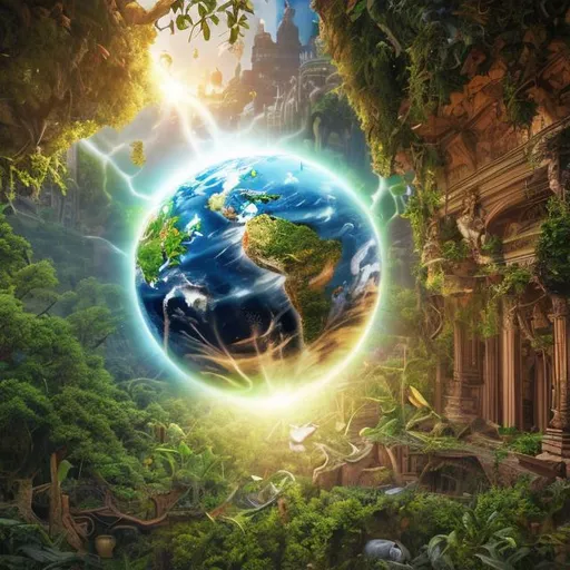 Prompt: earth reviving after human extinction, a new beginning, nature taking over buildings, animal kingdom, harmony, peace, earth balanced --version 3 --s 1250 --uplight --ar  --no text, blur 2000x2000 pixel