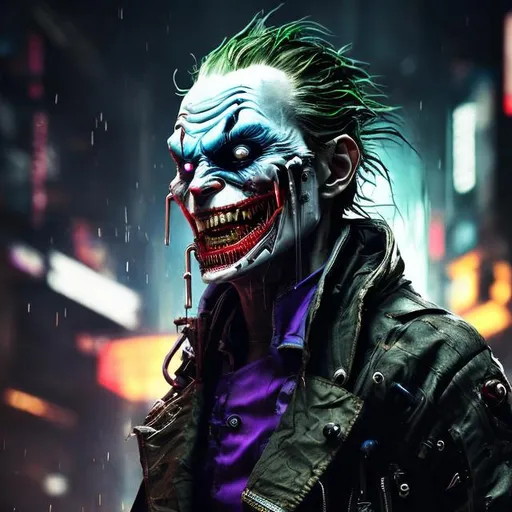 Prompt: Black, khaki and purple futuristic cyberpunk joker. Face scars. Metal teeth. Accurate. realistic. Bionic jaw. evil eyes. Slow exposure. Detailed. Dirty. Dark and gritty. Post-apocalyptic Neo Tokyo. Futuristic. Shadows. Sinister. Armed. Fanatic. Intense. Heavy rain. Explosion. Burning car in background