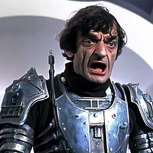 Prompt: A 28 year old Patrick Troughton shouting angrily wearing an armored futuristic scifi military uniform and holding an advanced exotic shotgun