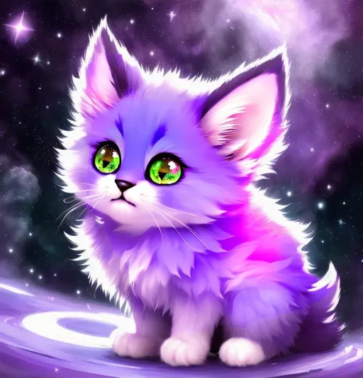 Cute, purple, fluffy, fantasy space kitten, with sta...