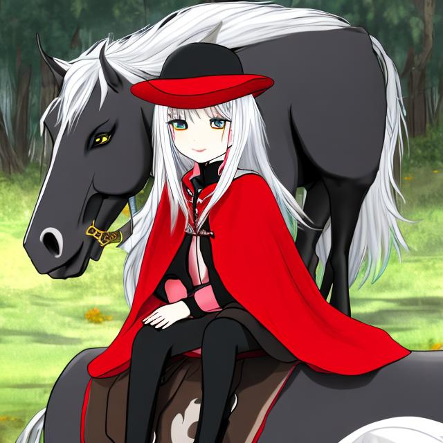 an anime young girl in the redhat and redcoat sits o...