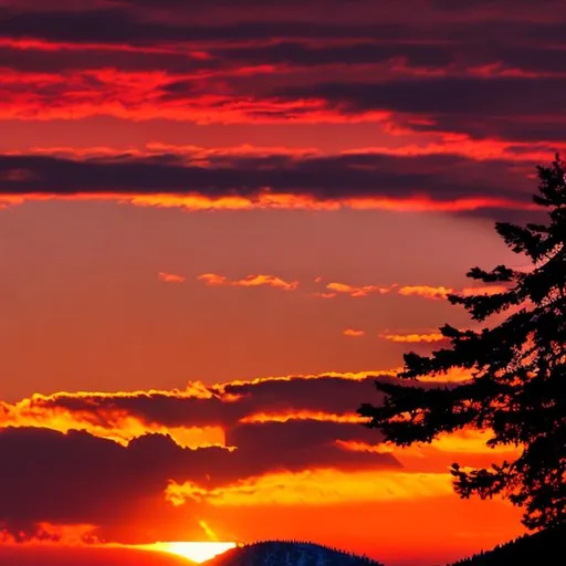 Prompt: Red sunset over a black forest mountain with a bird in the horizon 
