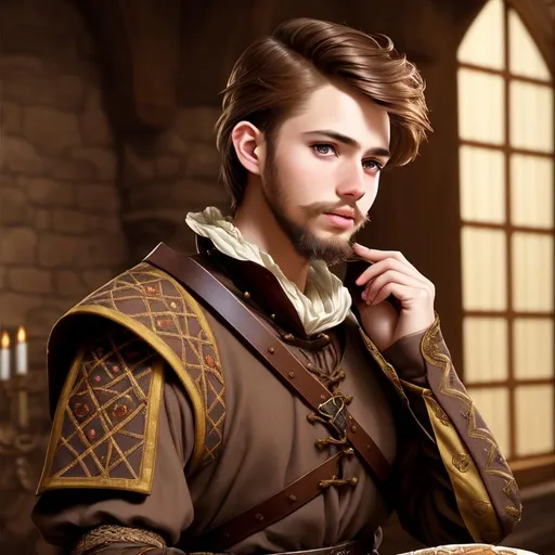 Prompt: young man with brown hair and small chin beard and brown | wearing fine medieval clothing | ultra-fine details, intricate scene, ambient lighting, soft glow, elegant, 16, symmetrical facial features, accurate anatomy, sharp focus, final fantasy cgi still, artgerm, taken on nikon d750, scenic, gossamer, iridescent, ethereal, auroracore, vaporwave, splash art, pixiv, tumblr instagram