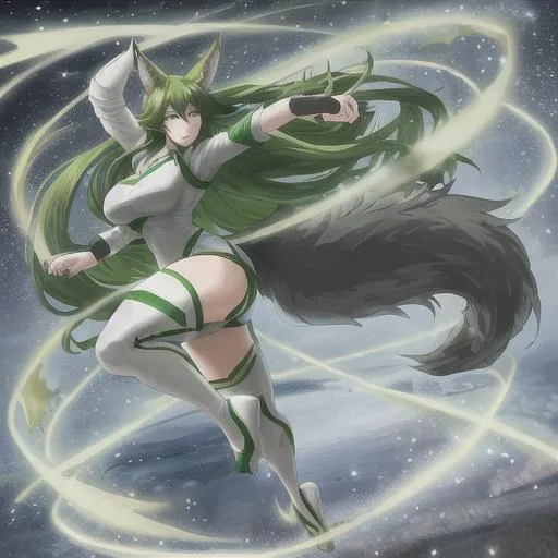 Prompt: A Full Body View, Adult, long hair, Anime, confident, female wolf, wearing a green and white colored street fighter outfit