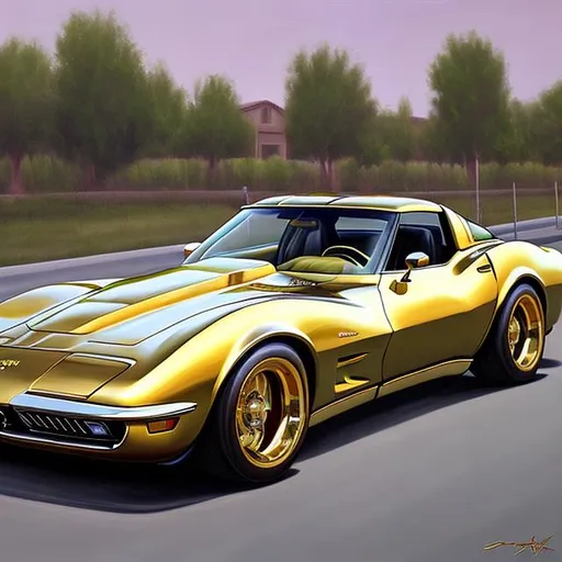 Prompt: High resolution, hyper realistic, painting of gold corvette low rider 
