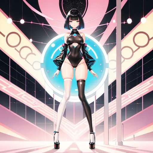 Prompt: a lonely AI girl, very tall, thick thighs, wide hips, long legs, slender arms, slender waist, big beautiful symmetrical eyes, intriguingly beautiful face, aloof expression, bob haircut with bangs, wearing Hypercutesy Pastel-Pop Post-Gender fashion clothes, high fashion, 12K resolution, hyper quality, hyper-detailed, hyper-realistic, hyper-professional