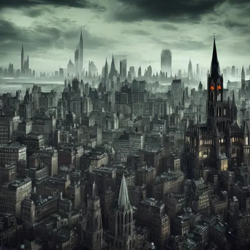 Prompt: gotham city, gothic new york style skyline but more gothic with churches, clock tower, bells and slight green hue