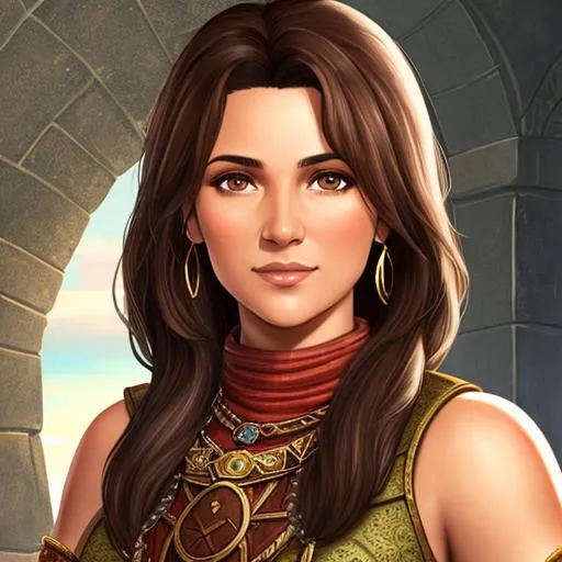 Prompt: Portrait of a 37-year old latina with olive skin female baldur's gate player character with dark brown hair and dark brown eyes