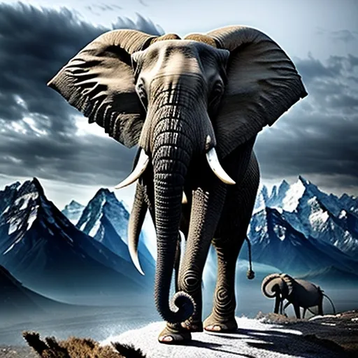 Prompt: (African warrior General of Carthage, majestic elephant), gallant stance atop the elephant, battle gear glistening, vast snow-capped Alps in the background, dramatic clouds looming, vibrant colors of armor contrasting against cool tones of mountains, adventurous atmosphere, high-definition, ultra-detailed, epic landscape, historical grandeur, sense of power and bravery.