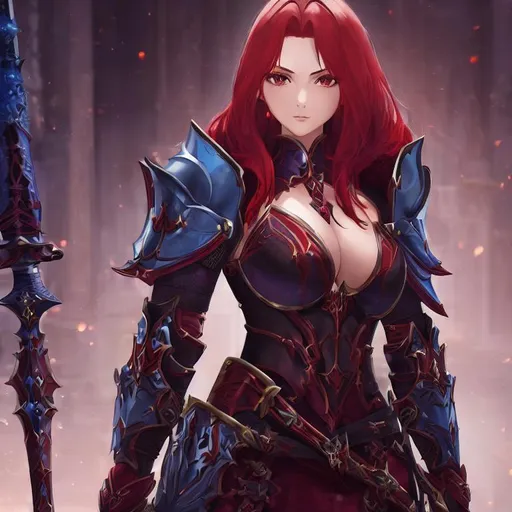 Prompt: 1girl, a woman in detailed armor with red hair and small cleavage, standing in front of a dark background, Anne Stokes, fantasy art, epic fantasy character art, a character portrait