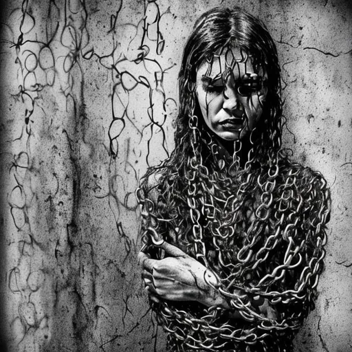 Prompt: Women and men chained ,hate ,divorced ,stressed, gloomy ,black and white ,poor ,colorful background ,drawing and drama 