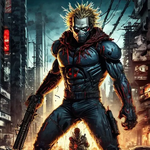 Prompt: Gritty Todd McFarlane style All Might, all black camo. Full body. Imperfect, Gritty, futuristic army-trained villain. full face mask. Bloody. Hurt. Damaged. Accurate. realistic. evil eyes. Slow exposure. Detailed. Dirty. Dark and gritty. Post-apocalyptic Neo Tokyo .Futuristic. Shadows. Sinister. Armed. Fanatic. Intense. 