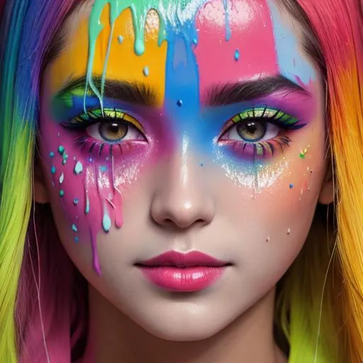Prompt: face dripping  paint in rainbow colors, facial closeup