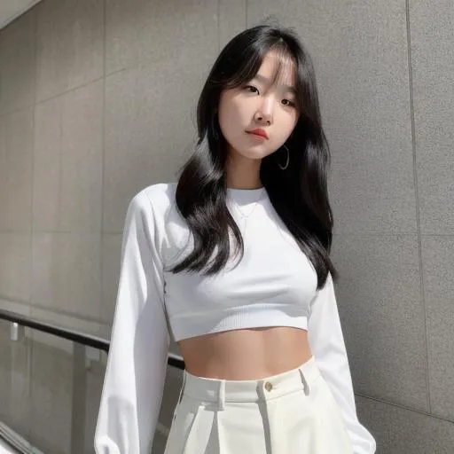 Prompt: South Korea girl cute face 
 Full body  having  whitell top and black pants 