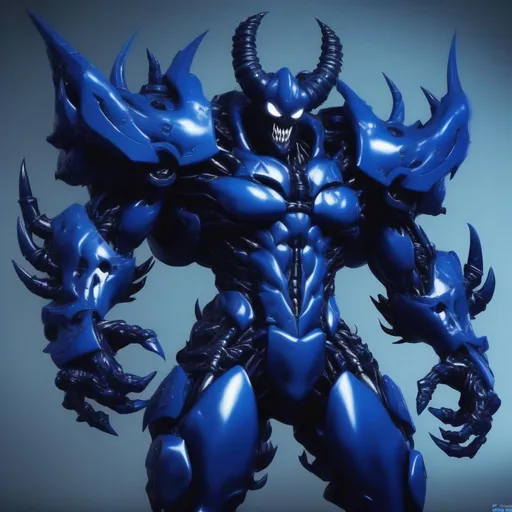 Prompt: deep blue symbiote with horns, navy blue armor, dark blue mohawk, massive mecha arm cannons, nightmare fuel, Masterpiece, Best Quality, in cartoon style