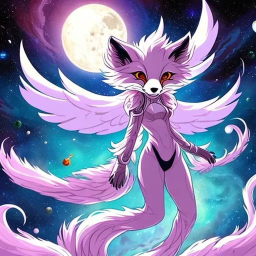 Prompt: angelic andromorphic furry fox girl 
drone weaving the fabric of space and time and creating 