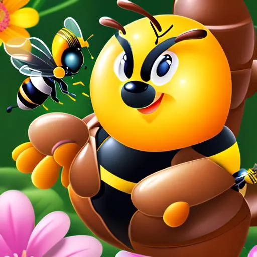 Prompt: honey collector, bees, woods, colony, anime, bees, animation characters, queen, many bees