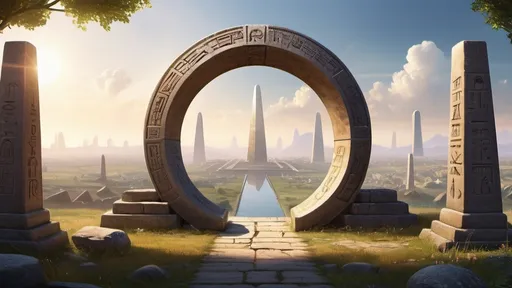 Prompt: circular portal, gateway between cities realms worlds kingdoms, ring standing on edge, freestanding ring, hieroglyphs on ring, complete ring, obelisks, panoramic view