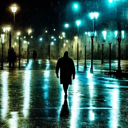 Prompt: walking forward Anitkabir, ankara,turkey. alone one man in midnight. no light in the there just some fades. and raining.