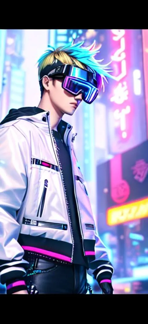 Prompt: oil painting, Post Modern Cyberpunk Background with Neon Lights Scattered in Bokeh, UHD, hd , 8k, hyper realism, Very detailed, Cyberpunk Cybernetics enhanced zoomed out view of character, full character visible, blonde Male character, he has cyberpunk goggles resting on the top of the hair perpendicularly, Charming and Appealing characters. Cyberpunk themed attires.  stylized lens Flares
Male version of natalia from Mobile legends with Breathing mask on.