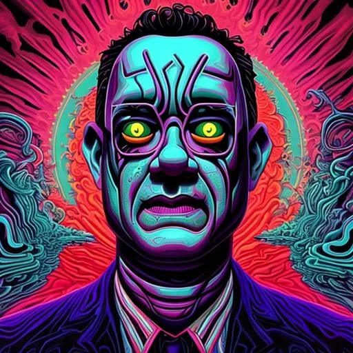Prompt: Hypnotic illustration of tom hanks with fangs , hypnotic psychedelic art, pop surrealism, dark glow neon paint, mystical, Behance 