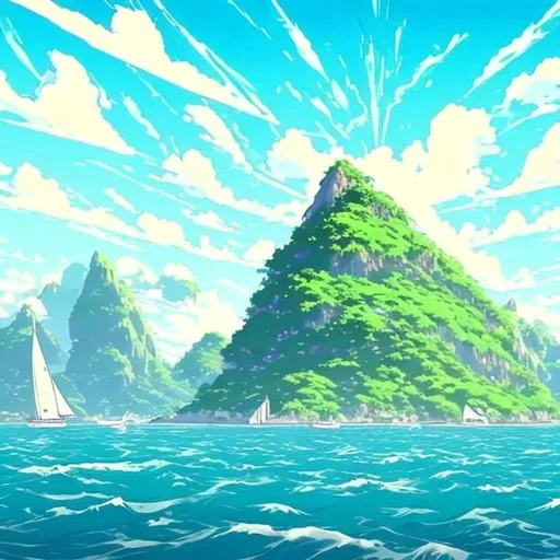 Prompt: giant islands floating in the sky with  flying sailboats anime style please