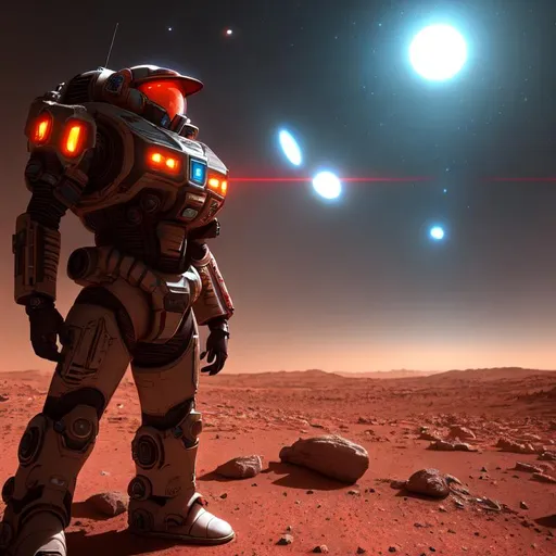 Prompt: terran marine on mars, unreal engine, octane, hyper-realistic, middle of SPACE, cyberpunk lights, Hyper Detail