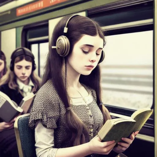 Prompt: vintage girl with a long hair reading a book on a train crowded by people listening t music by headphones on