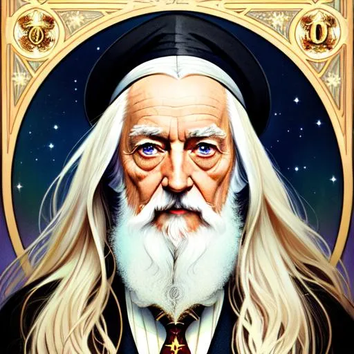 Prompt: Upper body portrait of Dumbledore, 100 years old, white long hair, tan skin, Hogwarts dress, intricate, detailed face. by Ilya Kuvshinov and Alphonse Mucha. Dreamy, sparkles