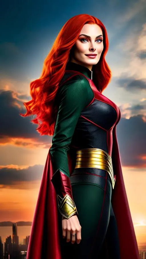 Prompt: High-resolution hyperrealistic photo of x-man jean grey merged with the scarlet witch, scarlet and green and gold costume, uhd, hdr, 64k