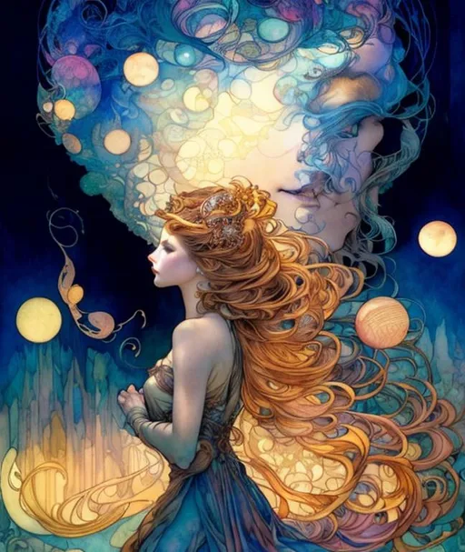 Prompt: Celestial melodies weave through the night, a symphony of art and Beauty. Art by Artgerm, Arthur Rackham, Conrad roset, Josephine Wall, jean auguste dominique ingres, mucha, Laura sava, Stephen Gibb. Best quality, high definition, Super clear resolution, iridescent watercolors Ink. Super extremely detailed and beautiful, 3d, intricate, high definition