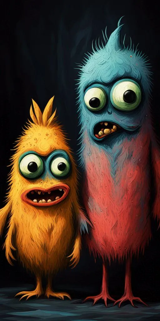 Prompt: two scary monster runepunk standing close to each other, in the style of acrylic art, darkly comedic, slumped/draped, minimalist painter, felt creations, flickr, caninecore 