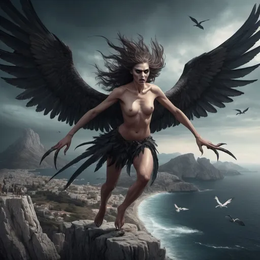 Prompt: Fantasy Illustration of a flying harpies, bird bodys, bird legs with sharp claws and long talons, wings, feathered body, faces of female humans with an insane stare, sharp teeth, ominous atmosphere, sinister vibe, sea and distant Greek islands in background 