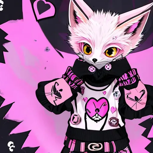 Prompt: Pink punk hair, pink fennec fox, black pink eyes, with a black eyepatch on the right side, with a pink heart shape, with pink cheeks, dark brown long sweater with sleeves, black pants with a black belt